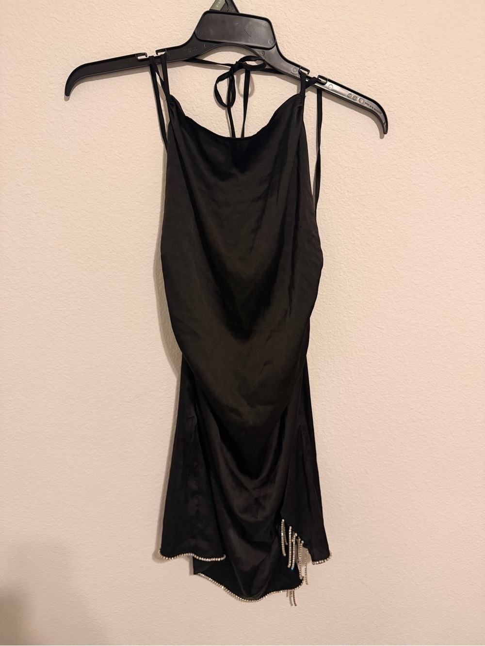 Black Satin Slip Dress with Rhinestone Fringe